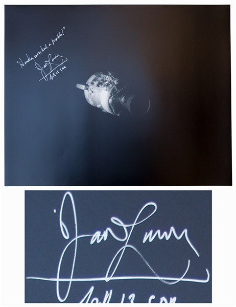 James Lovell Signed 20'' x 16'' Photo of Apollo 13's Damaged Service Module -- Lovell Adds, ''Houston, we've had a problem!''